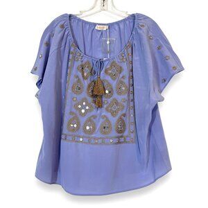 Tory Burch Silk Embroidered Blouse Top Purple Gold Tassel Vacation 10